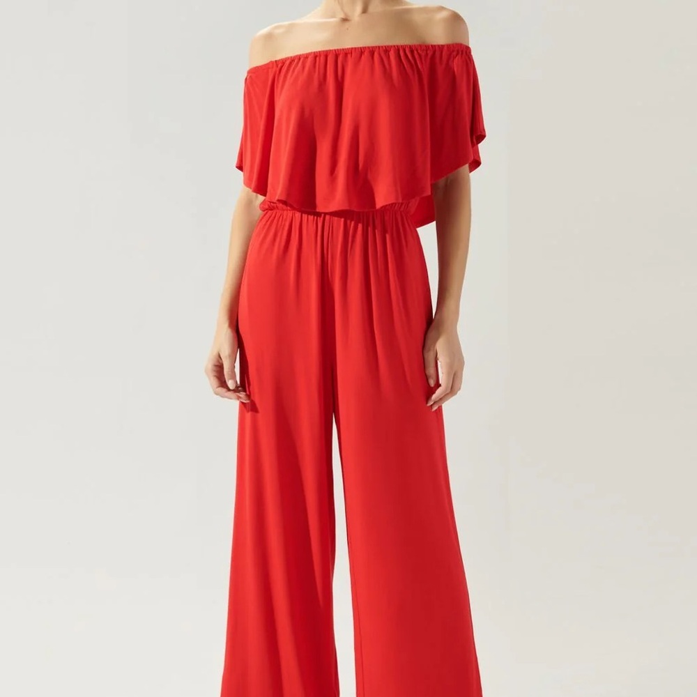 Worn once! Women's Coral Off-Shoulder Jumpsuit
